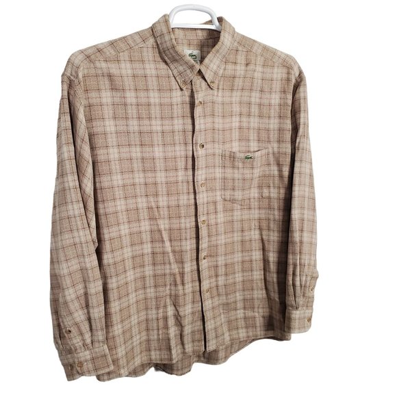 Lacoste Mens Size 45 XXL Shirt 100% Cotton Plaid Woven Button Front Collar Tan - Picture 1 of 9